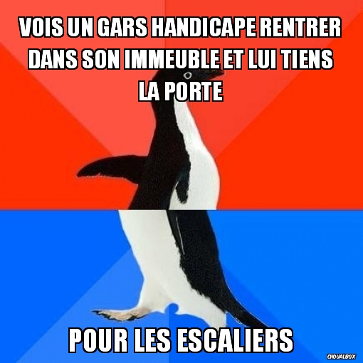 Vois un gars handicapé rentrer dans son immeuble