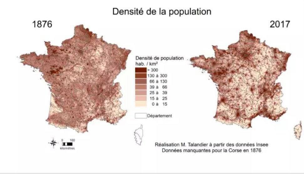Densité de population en France en 1876 et 2017