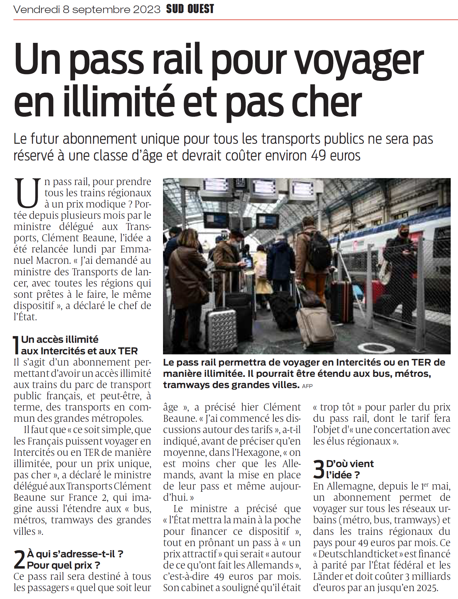 Un &quot;pass rail&quot; à 49€ par mois, pour voyager en illimité sur tous les TER et intercités en France