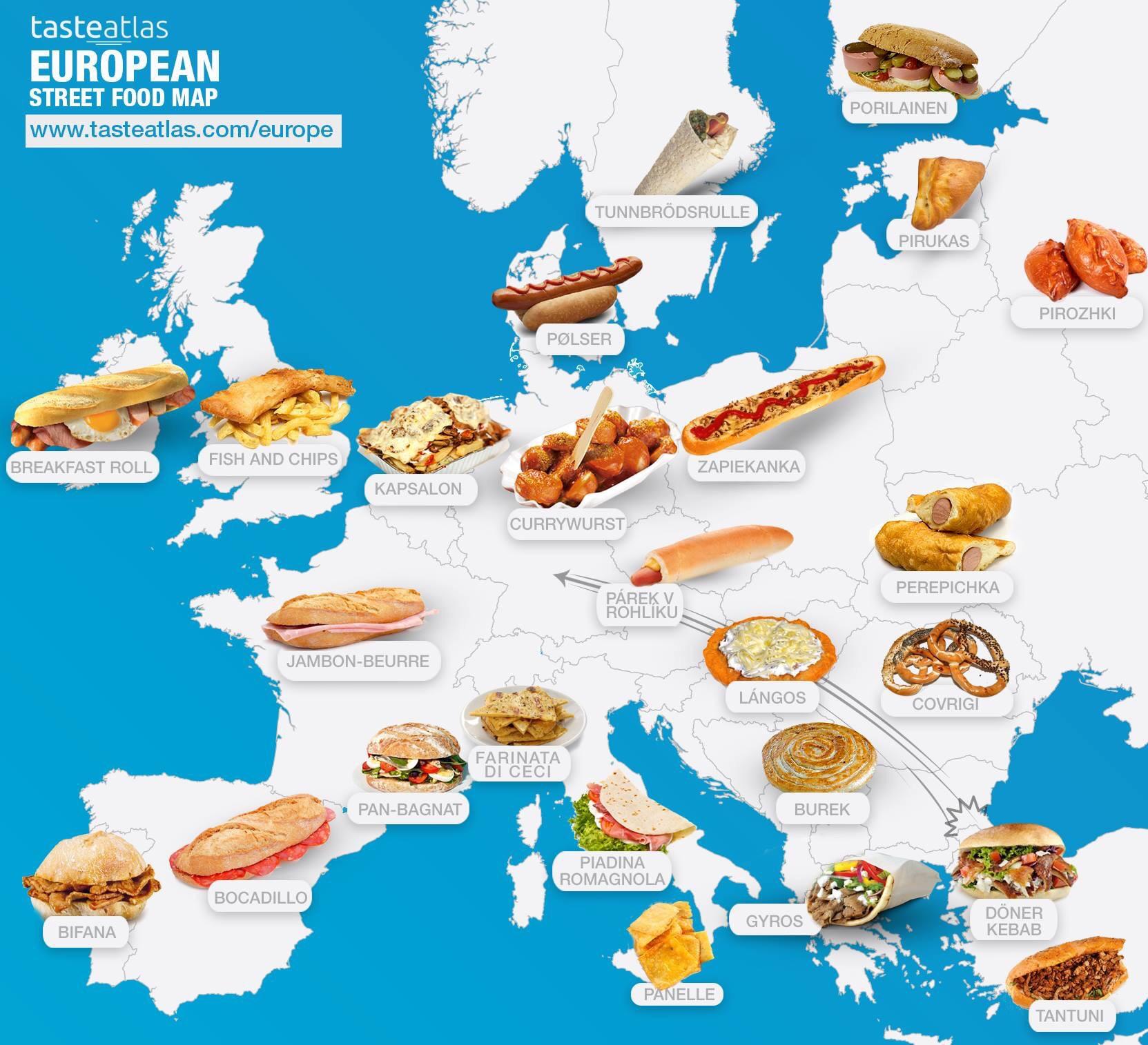 Carte de la cuisine de rue en Europe