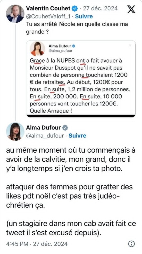 La députée LFI Alma Dufour répond aux critiques sur les fautes d'orthographe de son tweet par la sexisme et jette la faute sur son &quot;stagiaire&quot;