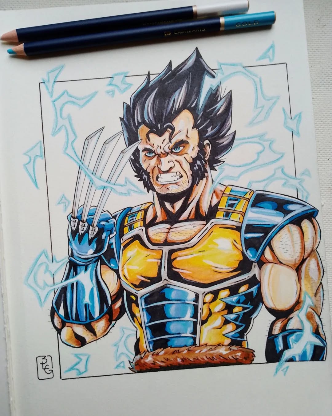 Voici Vegan, fusion de Logan et Vegeta. Line au micron, et couleurs au posca, promarker et castle arts gold.
