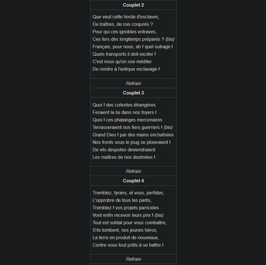 Rappel au camp du bien , vu que c'est &quot;fachou today&quot; , ça c'est &quot;la Marseillaise&quot; , hymne national de 1795 à 1939 et après 1945 ! Mais si vous préférez on peu repasser au précédent  &quot;Maréchal nous wallah&quot; ?