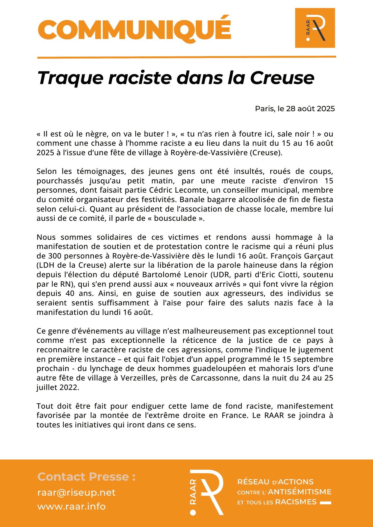 Traque raciste dans la Creuse