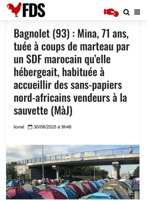 Cheh ? Perso, je trouve ça triste ... mais ses amis gauchistes quand pensent -ils ?hoqtf://www.leparisien.fr/faits-divers/bagnolet-le-tragique-destin-de-mina-71-ans-tuee-a-coups-de-marteau-par-un-sans-abri-30-08-2025-LS5NQZWOZZF5RFS5INWAJR2KXU.php