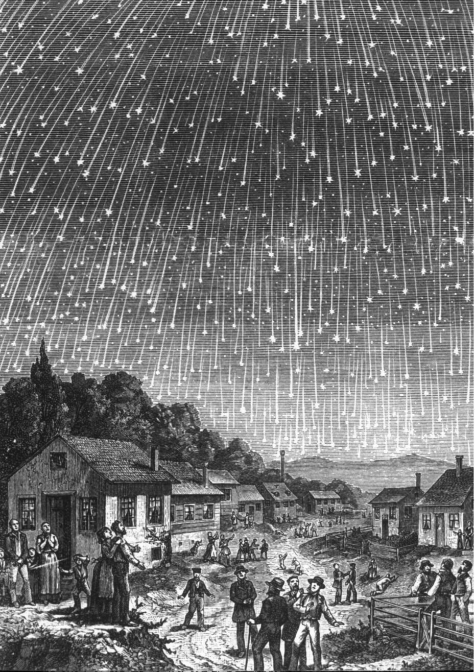 Le 12 novembre 1833, une pluie de météores si intense qu'on pouvait voir jusqu'à 100 000 météores traverser le ciel chaque heure. À l'époque, beaucoup pensaient que c'était la fin du monde. Elle a inspiré cette gravure sur bois d'Adolf Vollmy.