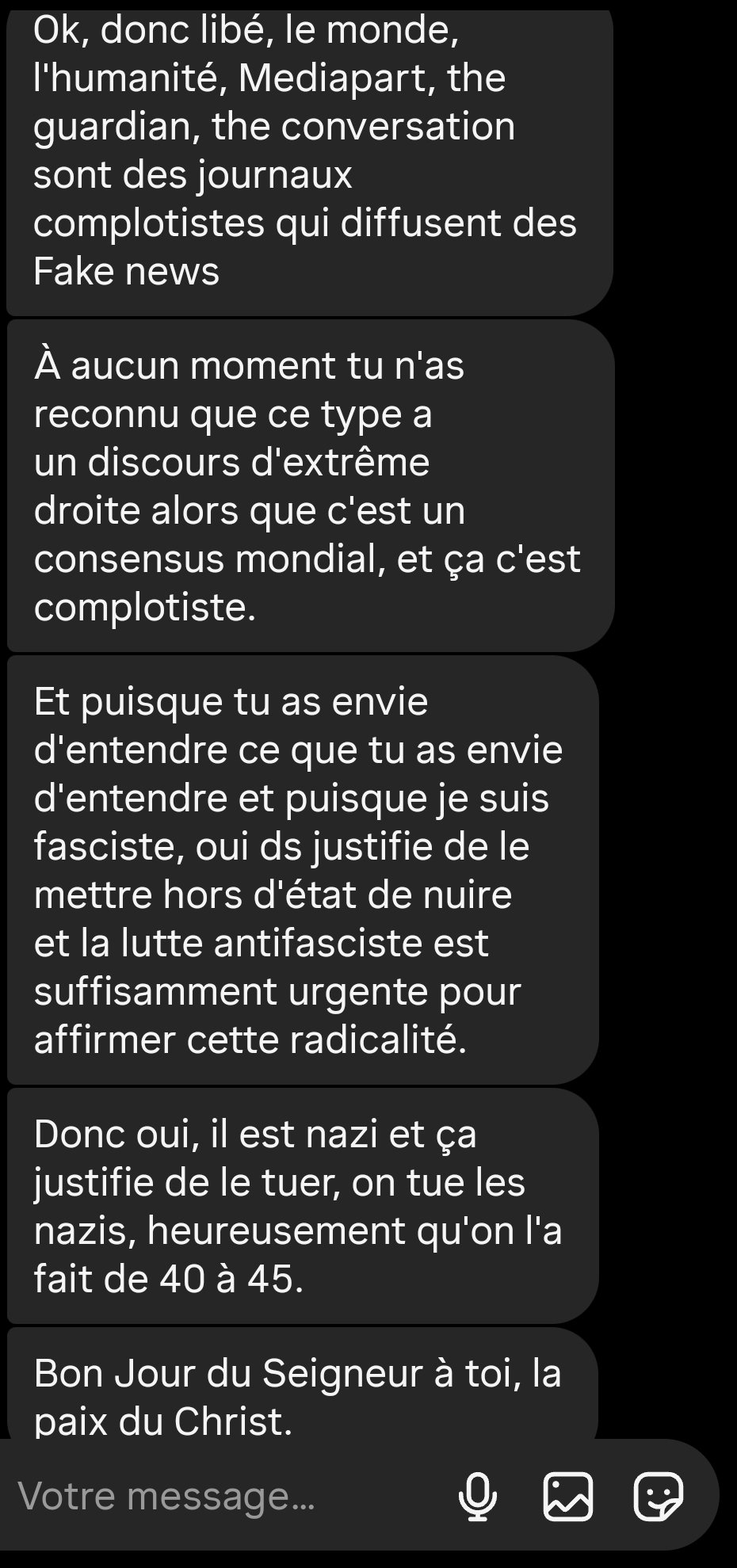 On est vraiment pas prêt pour ce qui arrive. Je vous partage la fin d'une conversation avec un militant LFI après lui avoir debunk les innombrables citations tronquées et sortit de leurs contexte de Charlie Kirk.