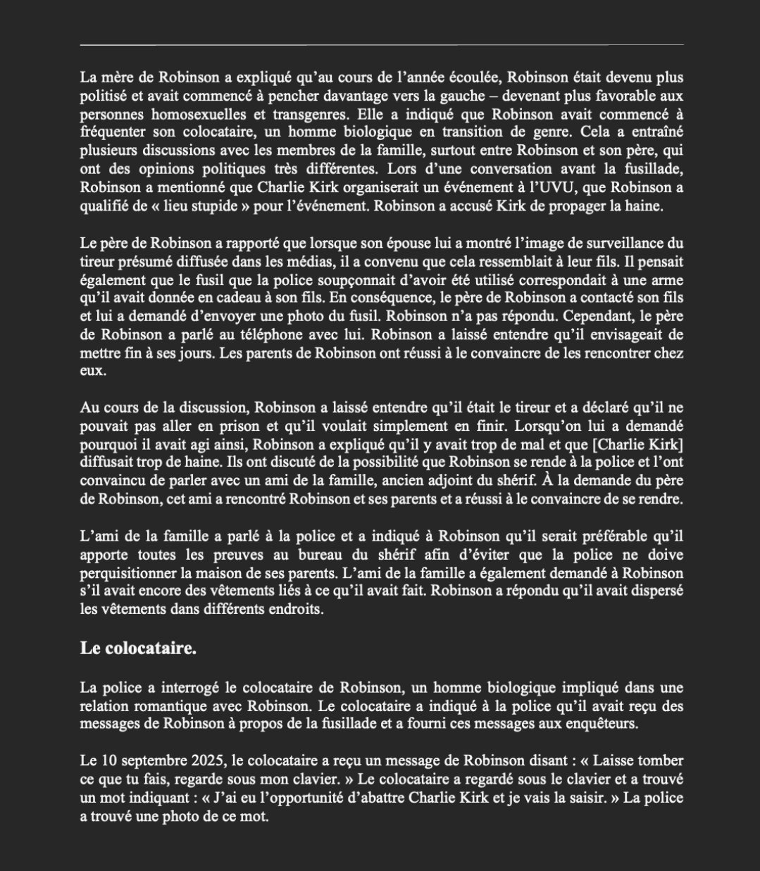 Affaire Charlie Kirk : Traduction d'une partie de l'information judiciaire déposée par le procureur du comté de l'Utah publiée par le New York Times sur les motivations du tireur.