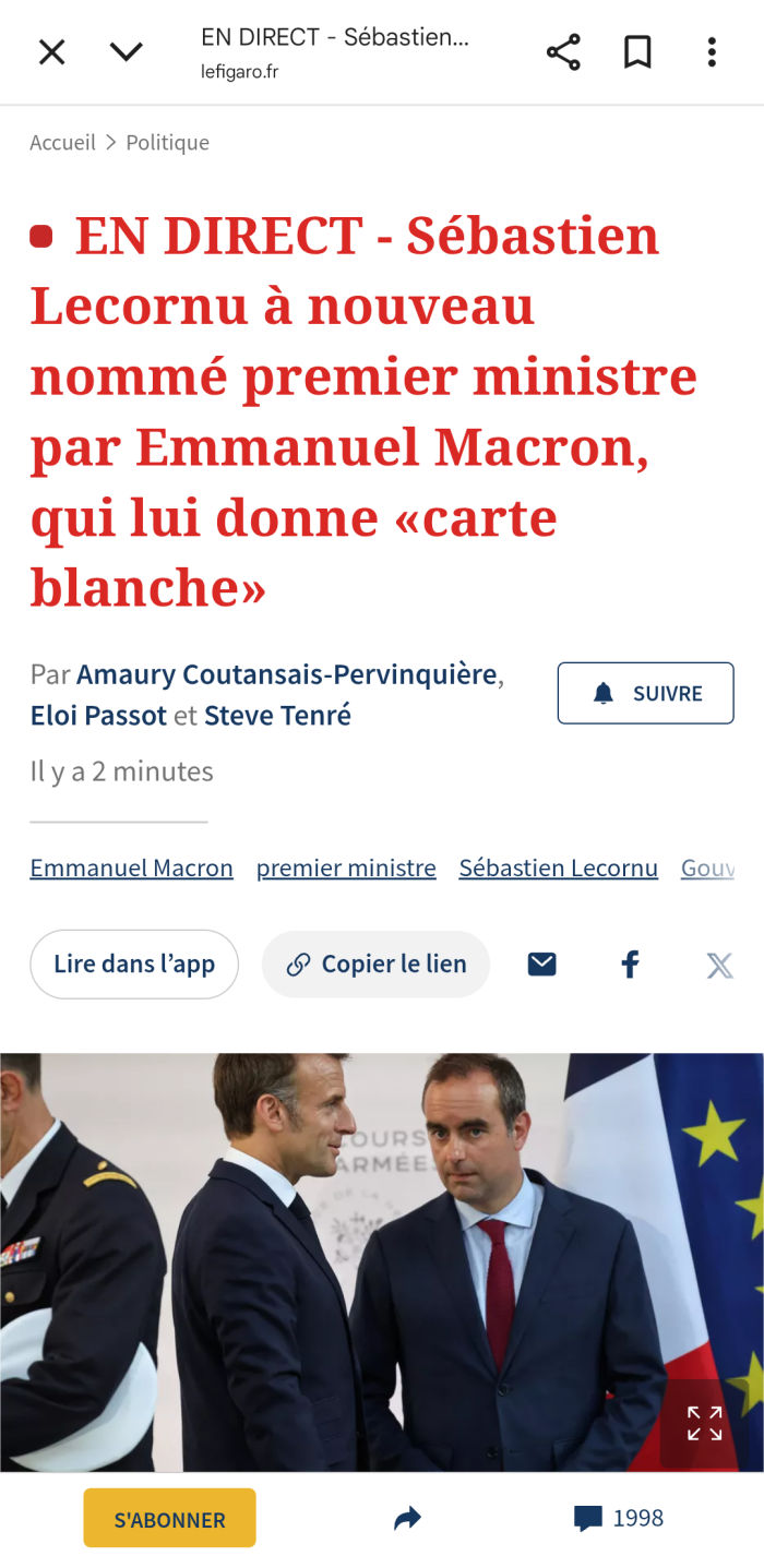 Sébastien Lecornu à nouveau nommé premier ministre par Emmanuel Macron, qui lui donne «carte blanche»