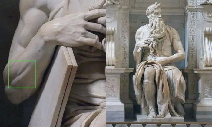 Dans l'avant-bras, il y a un tout petit muscle qui se contracte juste quand on lève l'auriculaire, sinon il reste invisible. Michel-Ange a sculpté sa version de Moïse avec l'auriculaire levé et a représenté ce minuscule muscle contracté. Un des nombreux détails précis dans ce chef-d'œuvre.