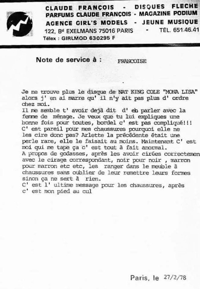 Note de service de Claude François, datant de 12 jours avant sa mort.