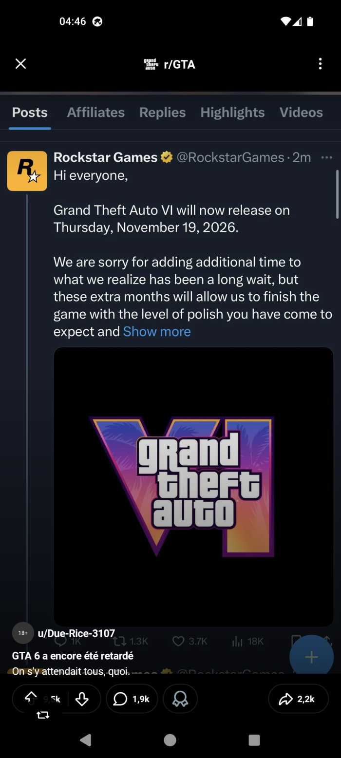 &quot;Désolé, mais GTA 6 c'est pas pour mai 2026 lol&quot;