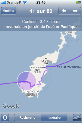 Google map et la traversée en jet ski