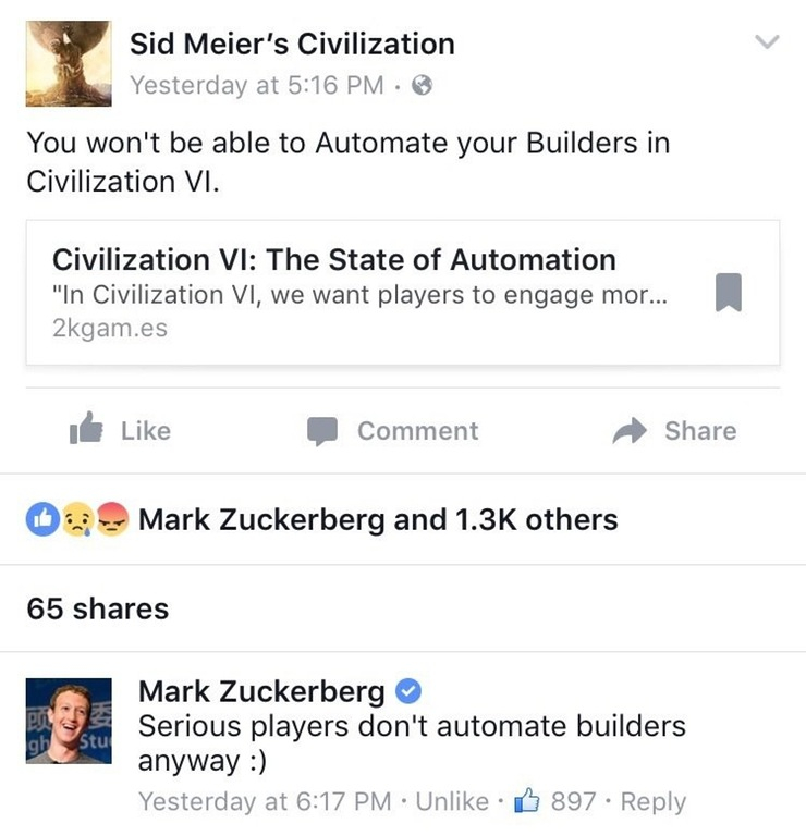 Apparemment Mark Zuckerberg est un gros joueur de Civilization