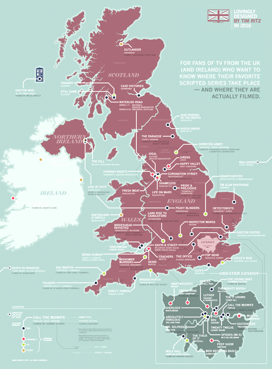 Localisation sur une carte des séries anglaises connues 