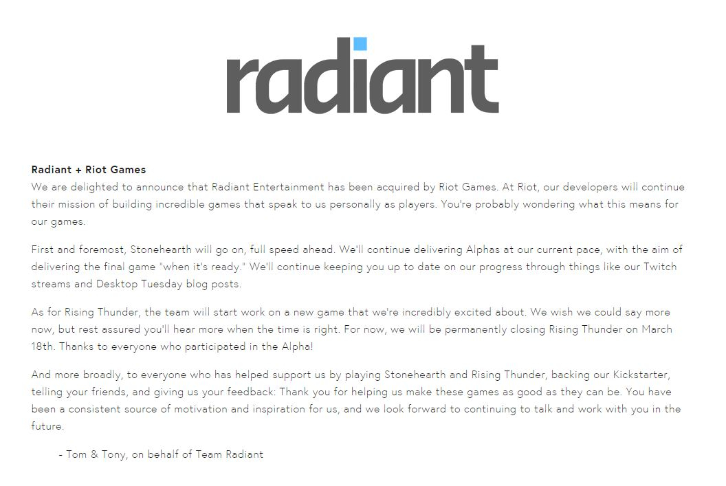 Riot Games (League of Legends) rachète Radian Entertainment (Rising Thunder)
