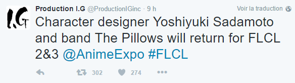 Yoshiyuki Sadamoto et The Pillow confirmé pour la suite de FLCL