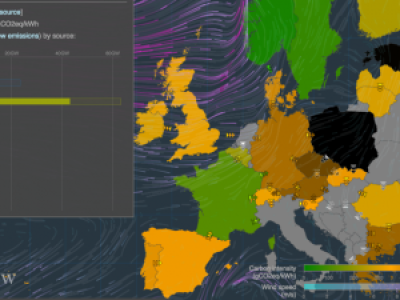 Carte des émissions de CO2 due à la production d'électricité en Europe 